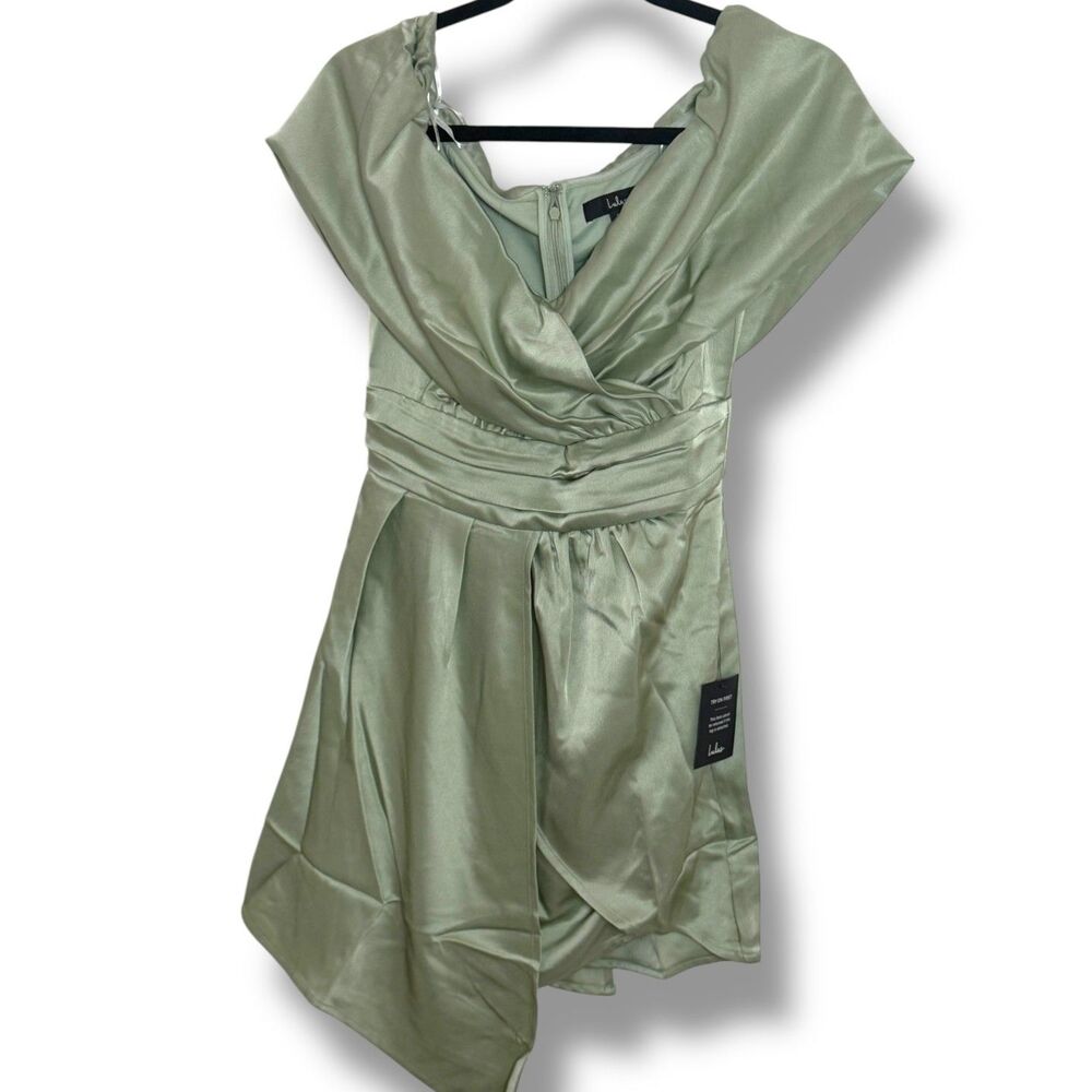 NWT Lulus Pale Green Asymmetric Off-Shoulder Satin Mini Dress Womens Size Small